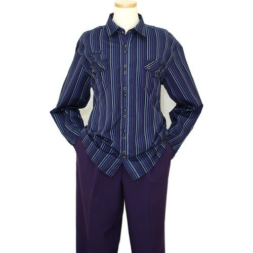 Manzini Midnight Blue With Black / Grey / Violet Stripes 100% Cotton Casual Long Sleeves Shirt